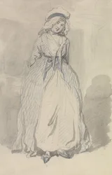 Una giovane donna in un vestito a righe blu
